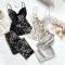cherry printing sling non-stretch imitation silk sexy 4-pieces set sleepwear_Black