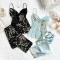 cherry printing sling non-stretch imitation silk sexy 4-pieces set sleepwear_Black_Light Green
