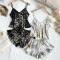 sexy new sling non-stretch imitation silk cherry printing 4-pieces set sleepwear_Black_Gray