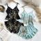 sexy new sling non-stretch imitation silk cherry printing 4-pieces set sleepwear_Black