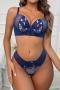 sexy slight stretch embroidered padded underwire push up bra & panty set_Black_White_Blue