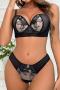 sexy slight stretch embroidered padded underwire push up bra & panty set_Black