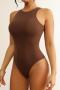 high stretch plus size solid color tight breathable bodysuit shapewear_Black_Brown