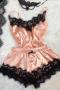 sexy slight stretch sling lace shorts set comfortable loungewear_Black_Light Pink