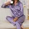 casual plus size slight stretch solid imitation silk fabric pants set sleepwear_Black_Pink_Red_Magenta_Dark Green_Haze Blue_Dark Blue_Sea Blue_Purple