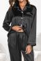 casual plus size slight stretch solid imitation silk fabric pants set sleepwear_Black