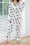 casual slight stretch heart print long-sleeved shirt and pants set loungewear_White