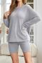 casual slight stretch simple solid color loose top shorts set loungewear_Gray