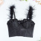 new padded underwire solid color polyester boning applique feather tank tops_Black