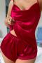 sexy non-stretch solid color sling imitation silk shorts set sleepwear_Pink_Red
