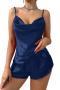 sexy non-stretch solid color sling imitation silk shorts set sleepwear_Pink_Red_Haze Blue_Dark Blue