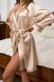 sexy non-stretch 4-colors imitation silk robe with belt sleepwear_Pink_Red_Dark Blue_Champagne