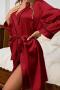 sexy non-stretch 4-colors imitation silk robe with belt sleepwear_Pink_Red