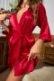 sexy non-stretch solid color imitation silk robe with tassel belt sleepwear_Black_Pink_Red