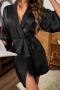 sexy non-stretch solid color imitation silk robe with tassel belt sleepwear_Black