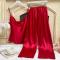sexy non-stretch solid color imitation silk sling pants set sleepwear_Pink_Red