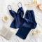 sexy non-stretch solid color imitation silk sling pants set sleepwear_Pink_Red_Dark Blue