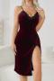 sexy non-stretch velvet lace stitching sling high slit midi dress sleepwear_Rose Red
