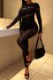 sexy high stretch mesh pearl decor hollow skinny jumpsuit_Black