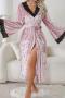 sexy non-stretch velvet lace patchwork with belt robe sleepwear_Black_Pink