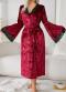 sexy non-stretch velvet lace patchwork with belt robe sleepwear_Black_Pink_Rose Red
