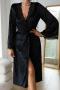 sexy non-stretch velvet lace patchwork with belt robe sleepwear_Black