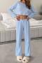 casual slight stretch knitted pure color long sleeve top & pants set loungewear_Pink_Sky Blue