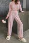 casual slight stretch knitted pure color long sleeve top & pants set loungewear_Pink