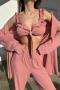 casual slight stretch solid color three piece set loungewear_White_Pink