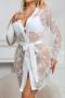 plus size slight stretch lace see-through nightgown(with belt&thong)(asia size)_Black_White