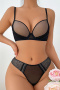 sexy slight stretch mesh stitching padded underwire gathered bra & panty set_Black
