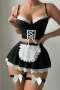 sexy slight stretch maid uniform temptation three-piece set (with leg ring)_Black