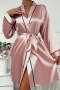 simple non-stretch imitation silk with belt nightgown sleepwear_Black_Light Pink