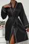 simple non-stretch imitation silk with belt nightgown sleepwear_Black