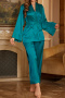 plus size non-stretch satin solid color with belt two-piece set sleepwear(size run small)_Black_Gray_Rose Red_Blue