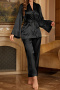 plus size non-stretch satin solid color with belt two-piece set sleepwear(size run small)_Black