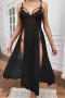 sexy slight stretch mesh hollow out sling slit babydoll (with thong)_Black