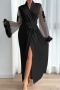 stylish non stretch imitation silk fur decor nightgown(with belt)_Black