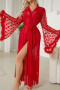sexy slight stretch mesh fur decor nightgown(with belt & no underwear)_Black_White_Red