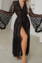 sexy slight stretch mesh fur decor nightgown(with belt & no underwear)_Black
