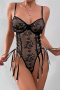 sexy stretch see through lace underwire hollow teddy collection & stockings_Black