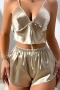cozy non stretch sling imitation silk shorts sets sleepwear_Black_Beige