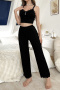 casual slight stretch lace sling crop top high waist pants set sleepwear_Black