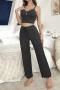 casual slight stretch lace sling crop top high waist pants set sleepwear_Black_Dark Gray