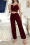 casual slight stretch lace sling crop top high waist pants set sleepwear_Black_Dark Gray_Rose Red