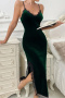 non stretch velvet lace trim sling midi dress sleepwear_Black_Rose Red_Dark Green