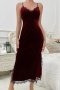 non stretch velvet lace trim sling midi dress sleepwear_Black_Rose Red