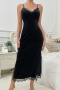 non stretch velvet lace trim sling midi dress sleepwear_Black