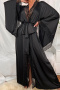 cozy non stretch satin lace patchwork solid with belt robe_Black