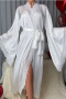cozy non stretch satin lace patchwork solid with belt robe_Black_White